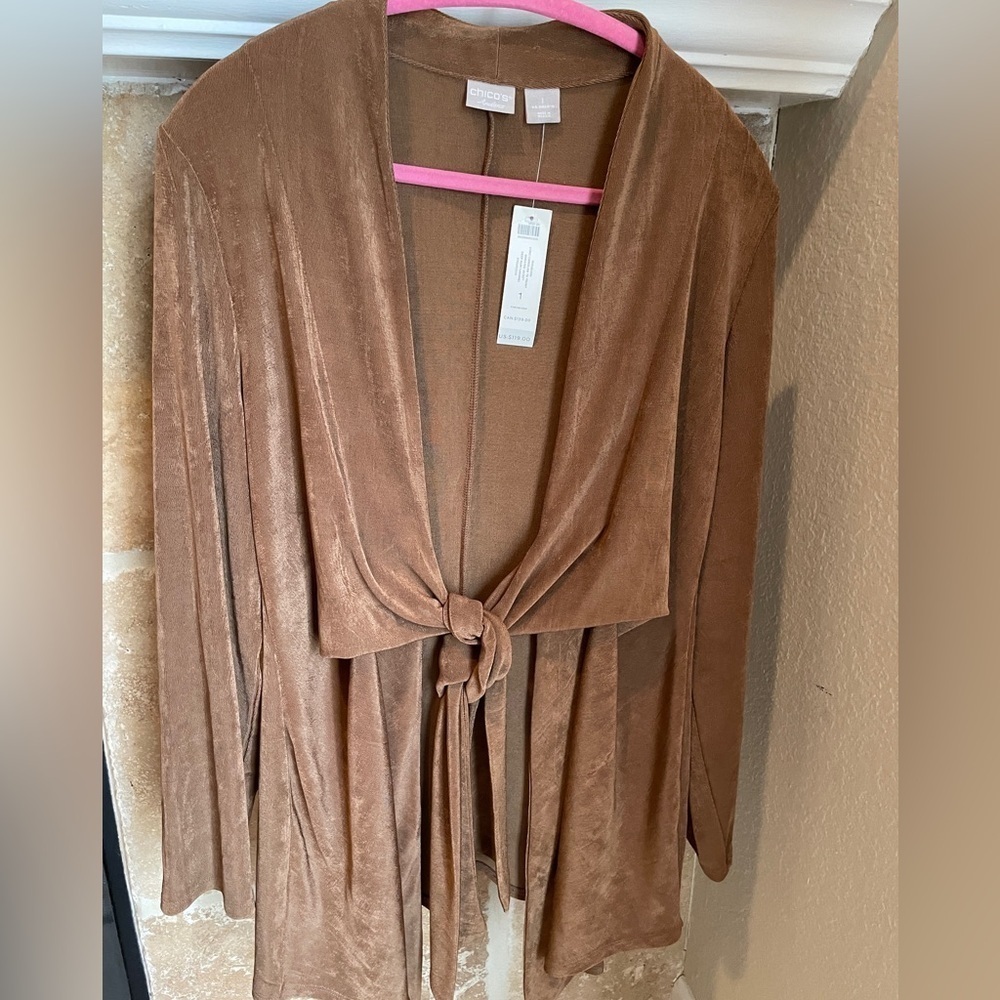 NWT Chico’s Travelers Women’s longline tie cardigan deep rum caramel SZ 8-10 - Picture 1 of 10